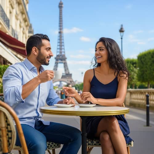 Charming Parisian Sidewalk Cafe Experience with Attractive Companion