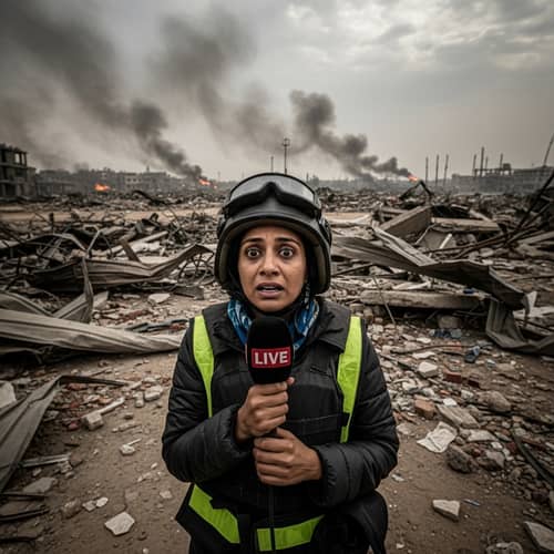 Female Journalist Reporting Live from Post-Conflict Zone