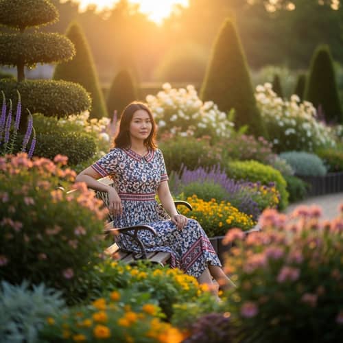 Tranquil Beauty: Young Asian Woman in Dress at Sunset Garden