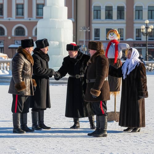 Forgiveness Scene on Snowy Plaza: Men in Fur Coats and Breeches, Women in Fur Coats and White Scarves