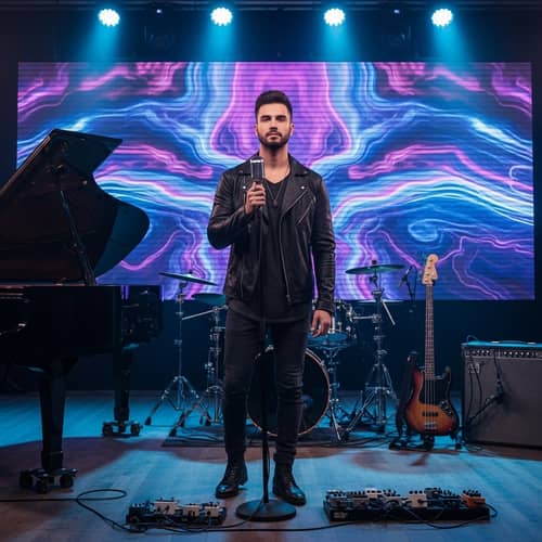 Stylish Young Singer on Stage with Microphone and LED Display