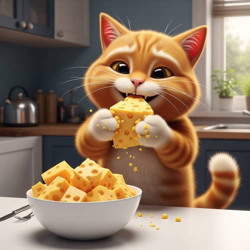 Cute Animated Cat Eating Cheese | Hyperrealistic Kitchen Scene