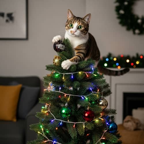 Mischievous Calico Cat on Decorated Christmas Tree