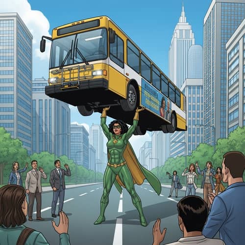 Female Middle-Eastern Superhero Lifting City Bus in Urban Setting