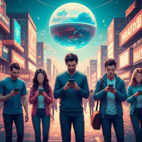 Faceless Individuals Engrossed in Phones: Dreamy & Futuristic Scene