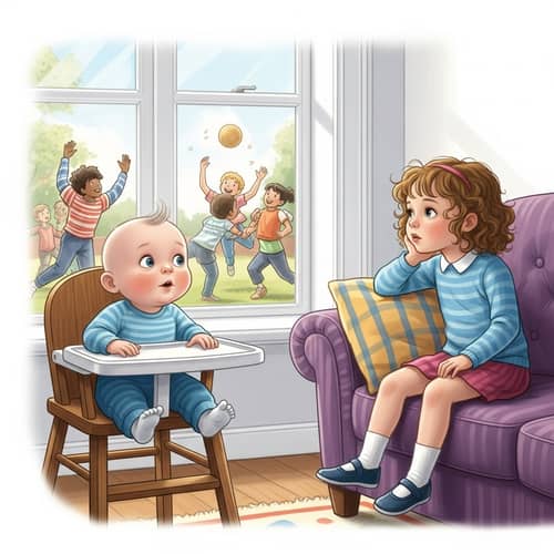 Whimsical Children's Book Illustration: Baby Boy and Play Sister Enjoying Outdoor Game