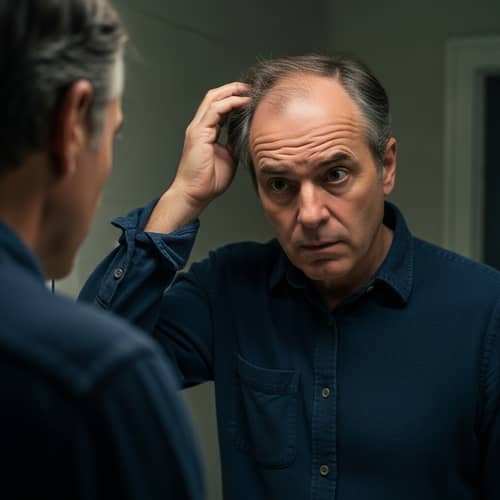 Hair Loss Worries: Stressed Middle-Aged Man Examining Thinning Hair