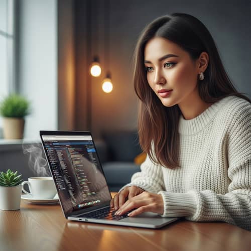 Kazakh Woman with Green Eyes and Brown Hair Working on Laptop