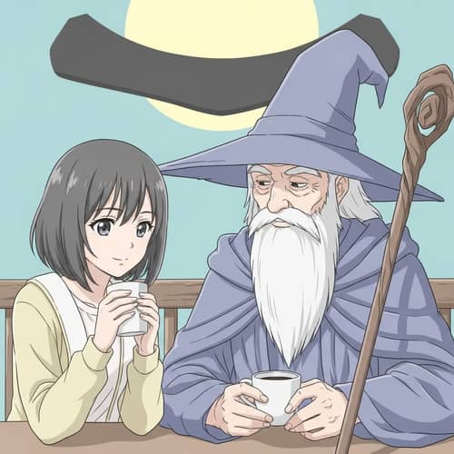 Anime-Style Illustration of Young Woman Sipping Coffee with Gandalf