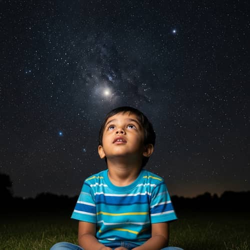 Child Gazing at Starry Sky - Wonder of the Night