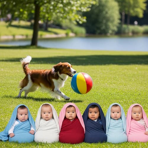 Joyful Kooikerhondje Plays with Diverse Babies by the Lake