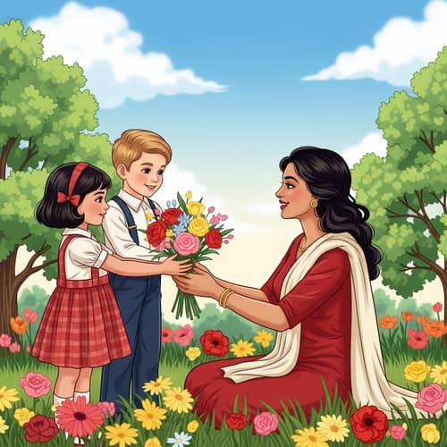 8th March International Women's Day Celebration with Children Giving Flowers