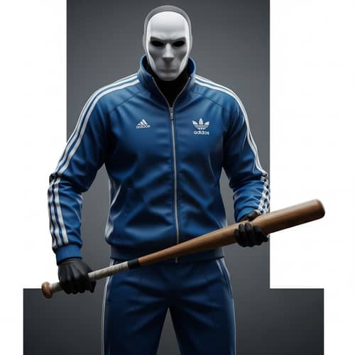 Menacing Figure in Blue Sports Suit with Baseball Bat