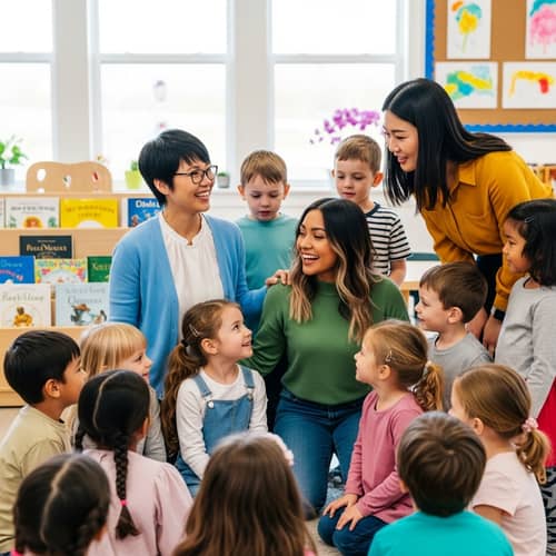 Diverse Kindergarten Teachers Surrounded by Children