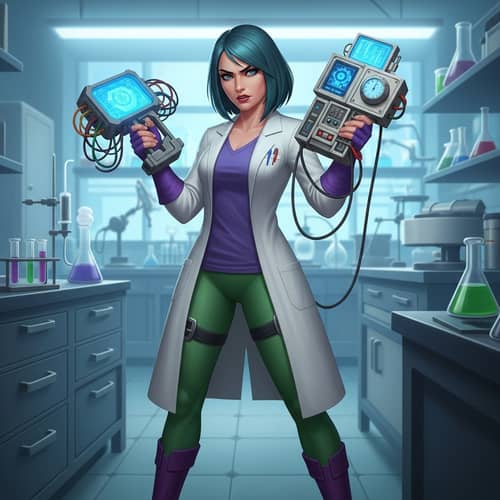 Female Scientist with Teal Hair in Lab Coat | High-Tech Gadgets