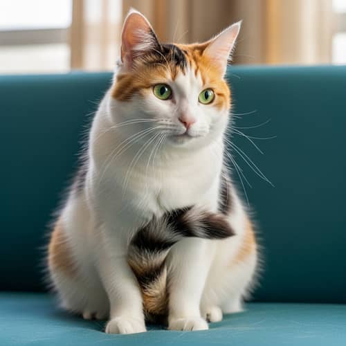 Domestic Medium-Haired Calico Cat on Teal Couch