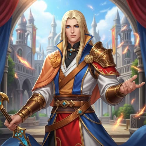 Vibrant Fantasy Illustration: Handsome Guy in Rich Attire at Magical Academy