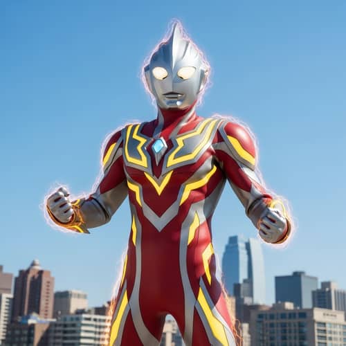 Radiant Energy Red-Silver Superhero in City Skyline | Brand Name