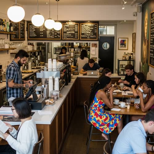 Vibrant Coffee Bar Scene: Barista, Readers, Students & Friends