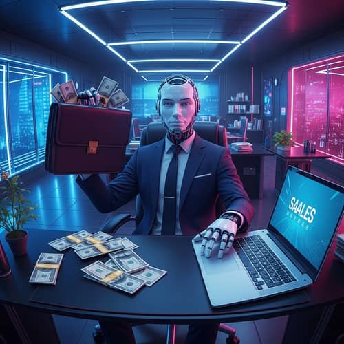 Futuristic Business Robot in Neon-Lit Office | SAALES