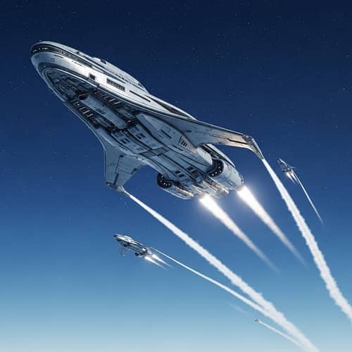Futuristic Starship Launching into Twilight Sky