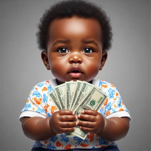 Innocent African Baby Clutching Currency Bills with Joy
