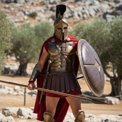 Bronze Age Spartan Warrior in Hoplite Armor with Red Cape