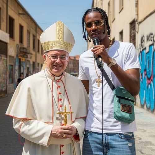 Urban Street Encounter: Religious Figure and Man in Graffiti Background