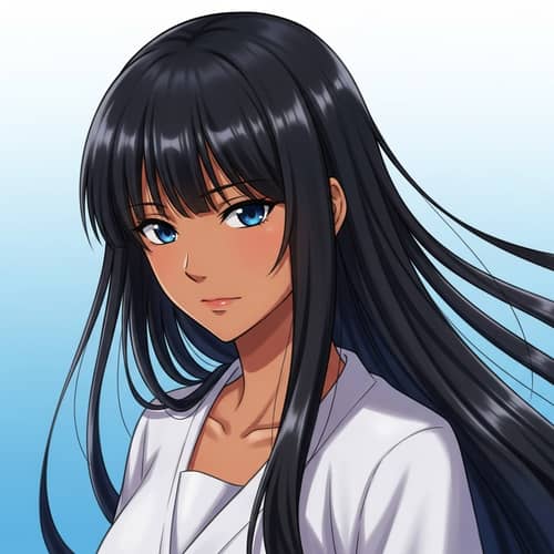 Anime Girl with Tanned Skin & Long Black Hair - Calm & Serene Setting