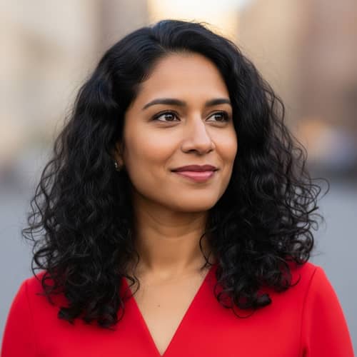 Elegant Woman in Red Dress | Wisdom & Confidence Portrait