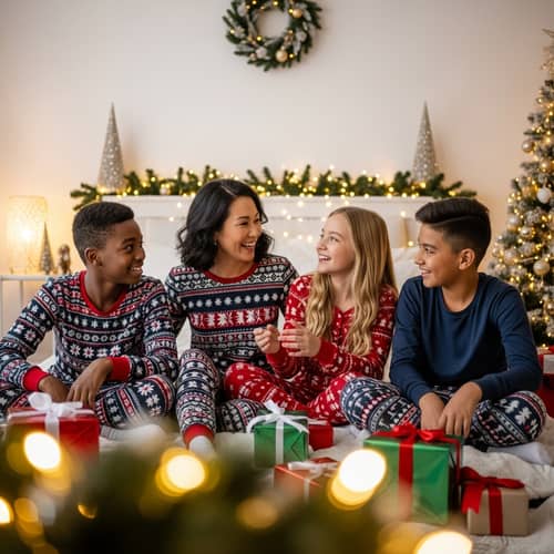 Diverse Family Christmas Celebration with Cozy Pajamas