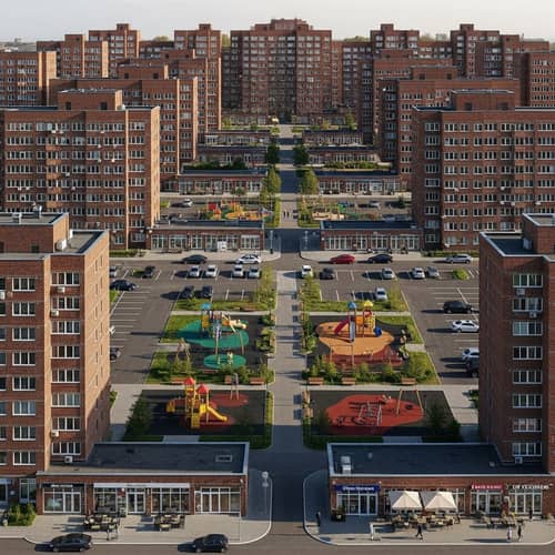 Modern Residential Complex with Children's Play Areas and Shops