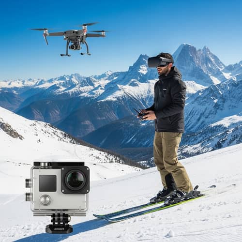 Hispanic Stuntman Skiing Swiss Alps with Drone and VR