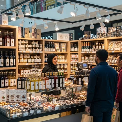 Gourmet Delights at Busy Mall Kiosk | Artisan Jams, Oils, Chocolates