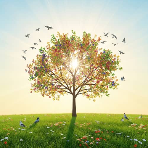 Symbolic Healing Imagery: Tree of Vitality, Sun Rays, and Birds of Resilience