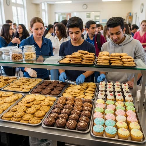 Lively School Canteen: Diverse Students & Homemade Treats