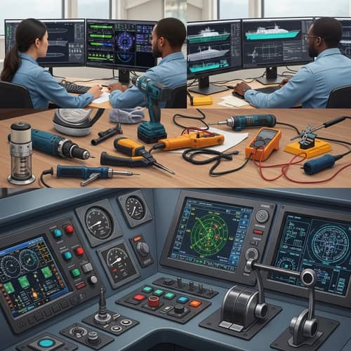 Ship Control Systems Digital Illustration | Engineers Creating Detailed Drawings