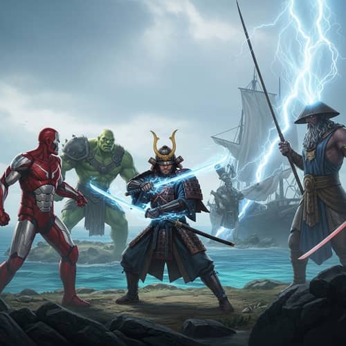 Samurai Warrior Battle Against Iron Man, Giant, and Thunder Deity