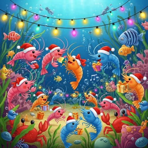 Underwater Christmas Celebration with Colorful Baby Shrimps