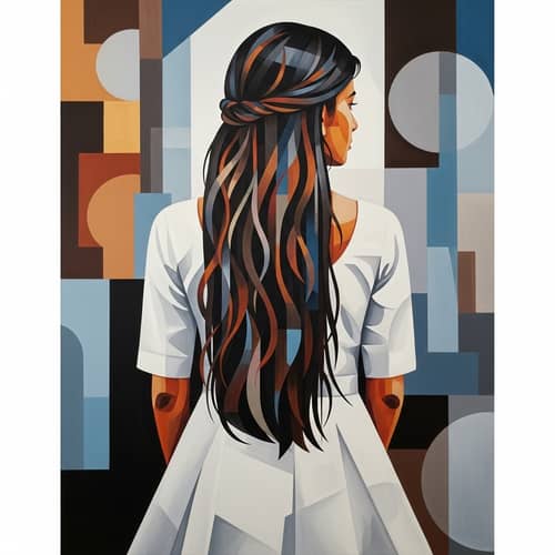 Geometric Abstraction Painting of Girl with Long Hair in White Dress
