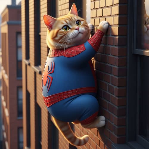 Chunky Orange Tabby Cat Climbs Building as Spiderman | Realistic Cartoon Art