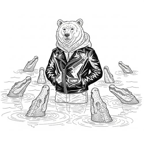 Black and White Crocodile Sketch with Bear-Human for Machine Embroidery