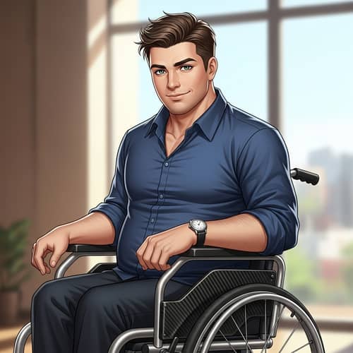 Charming Man with Brown Hair and Green Eyes in Wheelchair