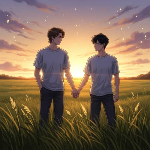 Peaceful Camaraderie in Golden Sunset | Grass Field Connection