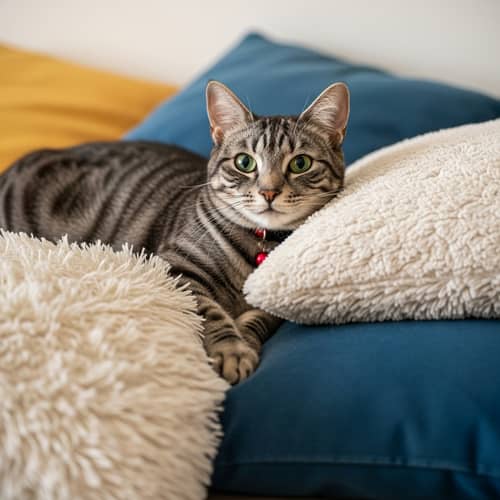 Medium-Sized Grey and White Striped Cat Relaxing on Colorful Pillows