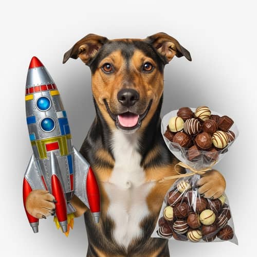 Playful Dog with Rocket Ship and Chocolates | Adventure Awaits