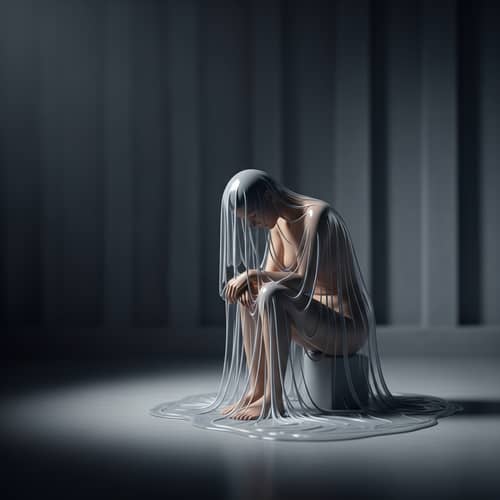 Sad Human-Like Figure Draped in Melted Plastic | Emotive Scene