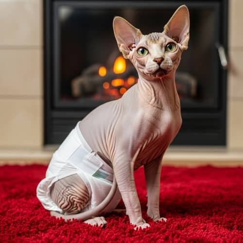Adorable Sphynx Cat in White Diaper on Red Carpet