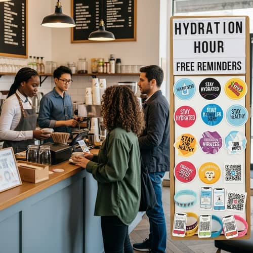 Hydration Hour: Colorful Reminder Stickers and Wristbands at Cozy Cafe