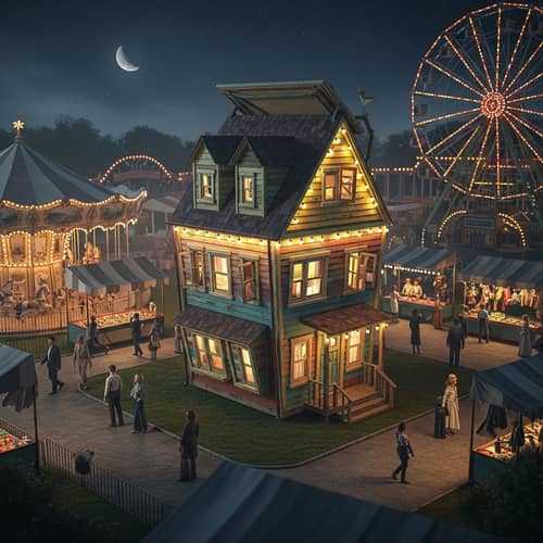 Realistic Single-Story Wooden House in Nighttime Amusement Park